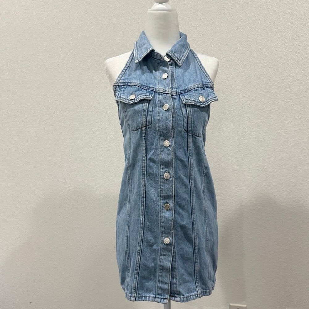 Zara Halter Backless Denim Dress with Button-Down Front